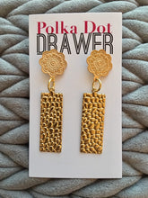 Load image into Gallery viewer, Gold Hammered Floral Statement Earrings, Gold drop Earrings, shiny jewelry earrings metal geometric, dangle large earrings