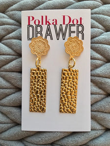Gold Hammered Floral Statement Earrings, Gold drop Earrings, shiny jewelry earrings metal geometric, dangle large earrings