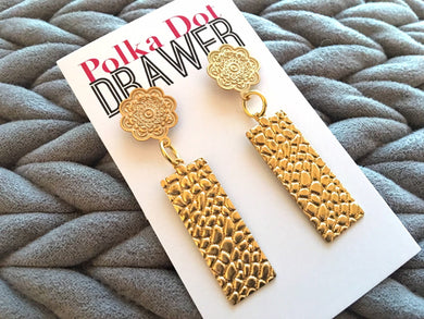 Gold Hammered Floral Statement Earrings, Gold drop Earrings, shiny jewelry earrings metal geometric, dangle large earrings