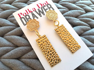 Gold Hammered Floral Statement Earrings, Gold drop Earrings, shiny jewelry earrings metal geometric, dangle large earrings