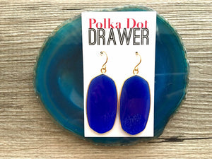 Royal Blue Pendant Statement Earrings, Gold drop earrings, metallic jewelry earrings, metal geometric drop earrings, blue jewelry