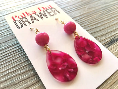 Tortoise Shell PINK Beaded Teardrop Earrings, gold drop Earrings, shiny gold jewelry earrings metal geometric, turtle shell magenta