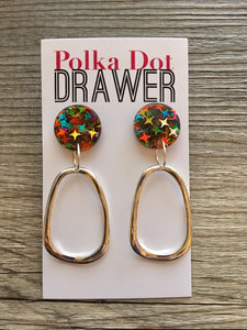 Rainbow Confetti + Shiny Silver Teardrop Earrings, silver drop Earrings, shiny jewelry earrings metal geometric sparkle pride