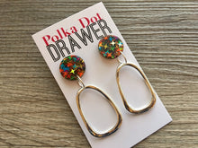 Load image into Gallery viewer, Rainbow Confetti + Shiny Silver Teardrop Earrings, silver drop Earrings, shiny jewelry earrings metal geometric sparkle pride