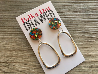 Rainbow Confetti + Shiny Silver Teardrop Earrings, silver drop Earrings, shiny jewelry earrings metal geometric sparkle pride