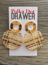 Load image into Gallery viewer, Gold + Chocolate Ratton Earrings, Gold drop Earrings, shiny jewelry earrings metal geometric, straw plaid tan cream brown