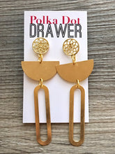 Load image into Gallery viewer, Gold Statement Earrings, Gold drop Earrings, shiny jewelry earrings metal geometric, half moon dangle 3.5” large earrings