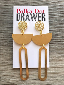 Gold Statement Earrings, Gold drop Earrings, shiny jewelry earrings metal geometric, half moon dangle 3.5” large earrings