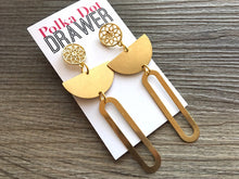 Load image into Gallery viewer, Gold Statement Earrings, Gold drop Earrings, shiny jewelry earrings metal geometric, half moon dangle 3.5” large earrings