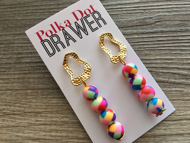 Rainbow Confetti + Hammered Gold Teardrop Earrings, Gold drop Earrings, shiny jewelry earrings metal geometric sparkle pride