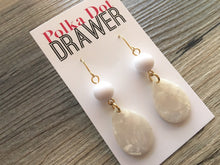 Load image into Gallery viewer, Tortoise Shell WHITE Beaded Teardrop Earrings, gold drop Earrings, shiny gold jewelry earrings metal geometric, turtle shell cream