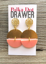 Load image into Gallery viewer, Coral Watermelon Earrings, Gold drop Earrings, shiny jewelry earrings metal geometric peach pink, vacation earrings filigree island