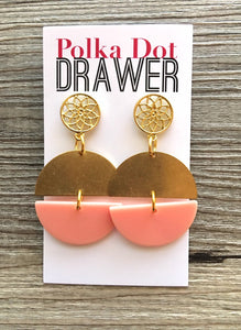 Coral Watermelon Earrings, Gold drop Earrings, shiny jewelry earrings metal geometric peach pink, vacation earrings filigree island