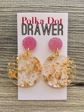 Load image into Gallery viewer, Pink Glitter + Gold Foil Earrings, Gold drop Earrings, shiny jewelry earrings metal geometric pink, vacation earrings statement
