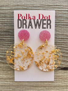 Pink Glitter + Gold Foil Earrings, Gold drop Earrings, shiny jewelry earrings metal geometric pink, vacation earrings statement