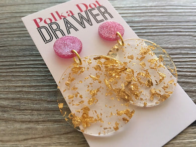 Pink Glitter + Gold Foil Earrings, Gold drop Earrings, shiny jewelry earrings metal geometric pink, vacation earrings statement