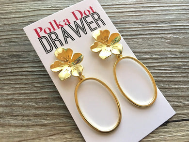 Gold Floral Oval Earrings, Gold drop Earrings, shiny jewelry earrings metal geometric, metallic flower gift for women