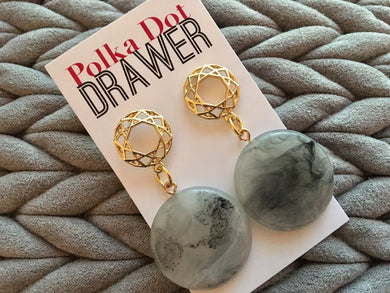Gold & Gray statement earrings, Geometric bead Statement jewelry gold necklace chunky drop hook earrings, acrylic circle gray swirls round