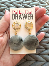 Load image into Gallery viewer, Gold &amp; Gray statement earrings, Geometric bead Statement jewelry gold necklace chunky drop hook earrings, acrylic circle gray swirls round