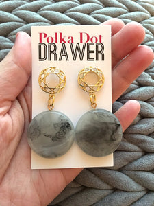 Gold & Gray statement earrings, Geometric bead Statement jewelry gold necklace chunky drop hook earrings, acrylic circle gray swirls round