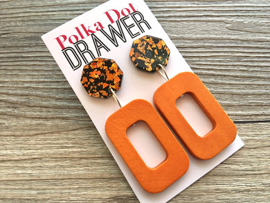 Orange on Black Earrings, silver drop Earrings, shiny jewelry earrings metal geometric glitter burnt orange Statement fall