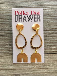 Gold Statement Earrings, Gold drop Earrings, shiny jewelry earrings metal geometric, full moon dangle 3” large earrings