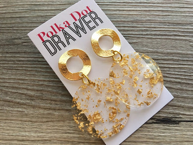 Gold Statement Earrings, Gold drop Earrings, shiny jewelry earrings metal geometric, full moon dangle 2” large earrings