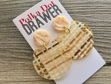 Wood Grain + Chocolate Ratton Earrings, Gold drop Earrings, shiny jewelry earrings metal geometric, straw plaid tan cream brown