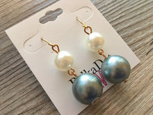 Load image into Gallery viewer, Cream + Gray Pearl Beaded Teardrop Earrings, gold drop Earrings, shiny gold jewelry earrings metal geometric