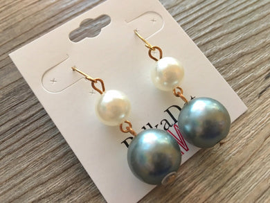Cream + Gray Pearl Beaded Teardrop Earrings, gold drop Earrings, shiny gold jewelry earrings metal geometric