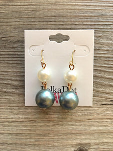 Cream + Gray Pearl Beaded Teardrop Earrings, gold drop Earrings, shiny gold jewelry earrings metal geometric
