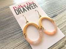 Load image into Gallery viewer, Coral Gold Oval Earrings, Gold drop Earrings, shiny jewelry earrings metal geometric peach pink, acetate acrylic resin earrings