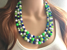Load image into Gallery viewer, Navy and Lime Green Cluster Necklace, Seattle football Jewelry, washington jewelry, seattle jewelry, green and blue, green white blue