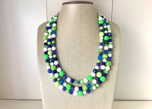 Navy and Lime Green Cluster Necklace, Seattle football Jewelry, washington jewelry, seattle jewelry, green and blue, green white blue