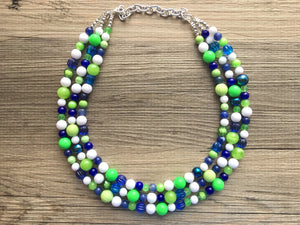 Navy and Lime Green Cluster Necklace, Seattle football Jewelry, washington jewelry, seattle jewelry, green and blue, green white blue