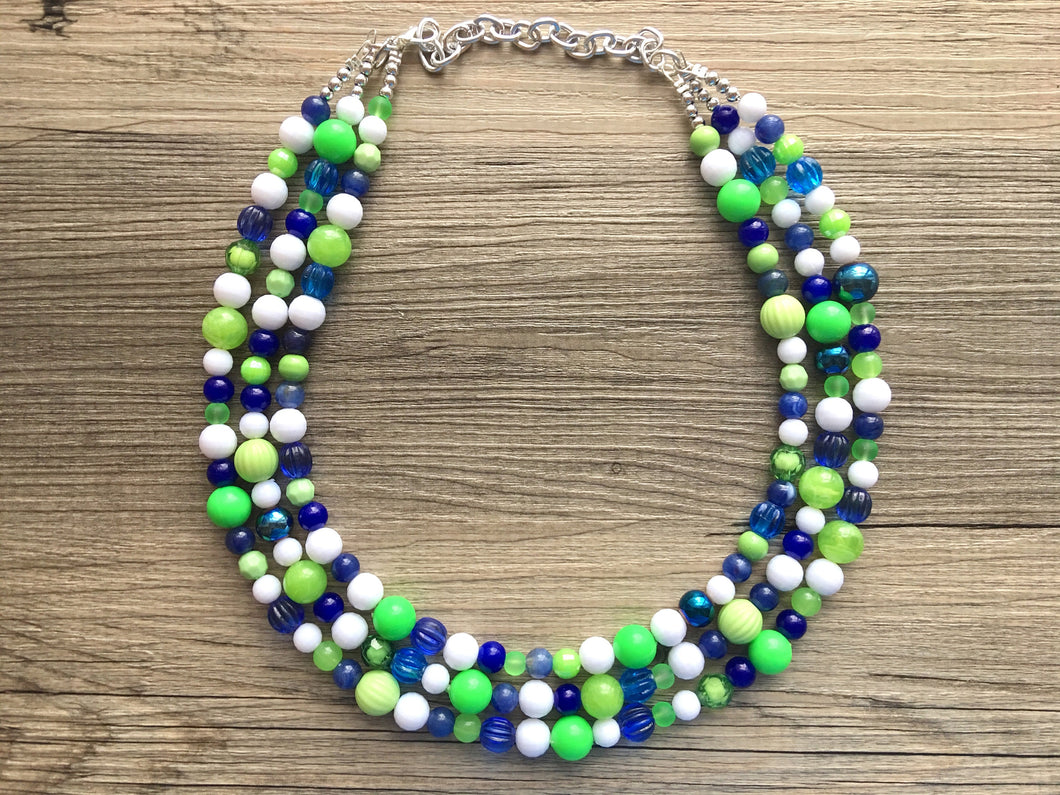 Navy and Lime Green Cluster Necklace, Seattle football Jewelry, washington jewelry, seattle jewelry, green and blue, green white blue