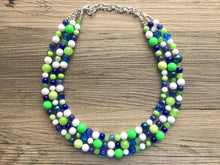 Load image into Gallery viewer, Navy and Lime Green Cluster Necklace, Seattle football Jewelry, washington jewelry, seattle jewelry, green and blue, green white blue