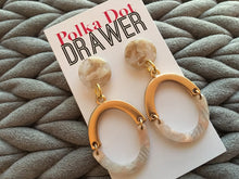 Load image into Gallery viewer, Coral Gold Oval Earrings, Gold drop Earrings, shiny jewelry earrings metal geometric peach pink, acetate acrylic resin earrings
