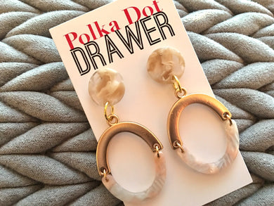 Coral Gold Oval Earrings, Gold drop Earrings, shiny jewelry earrings metal geometric peach pink, acetate acrylic resin earrings