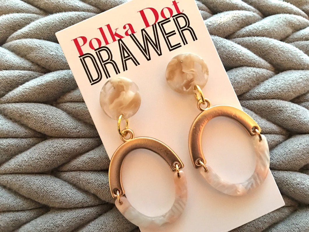 Coral Gold Oval Earrings, Gold drop Earrings, shiny jewelry earrings metal geometric peach pink, acetate acrylic resin earrings