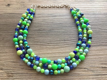 Load image into Gallery viewer, Blue &amp; Green Chunky Statement Necklace, green blue beaded necklace, multi color jewelry multi strand necklace, bib chunky Statement