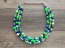Load image into Gallery viewer, Blue &amp; Green Chunky Statement Necklace, green blue beaded necklace, multi color jewelry multi strand necklace, bib chunky Statement