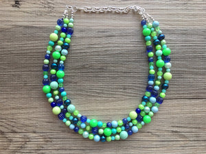 Blue & Green Chunky Statement Necklace, green blue beaded necklace, multi color jewelry multi strand necklace, bib chunky Statement
