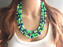 Load image into Gallery viewer, Blue &amp; Green Chunky Statement Necklace, green blue beaded necklace, multi color jewelry multi strand necklace, bib chunky Statement