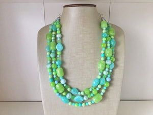 Lime & Mint Green Chunky Statement Necklace, green blue beaded necklace, colorful jewelry multi strand necklace, bib chunky Statement