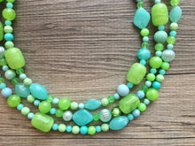 Load image into Gallery viewer, Lime &amp; Mint Green Chunky Statement Necklace, green blue beaded necklace, colorful jewelry multi strand necklace, bib chunky Statement