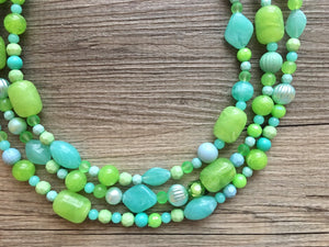 Lime & Mint Green Chunky Statement Necklace, green blue beaded necklace, colorful jewelry multi strand necklace, bib chunky Statement
