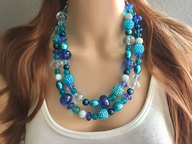 Blue Watercolor Beaded Necklace, teal & royal blue necklace, blue statement necklace, chubky blue beaded necklace, teal necklace turquoise