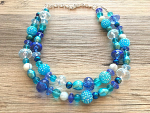 Blue Watercolor Beaded Necklace, teal & royal blue necklace, blue statement necklace, chubky blue beaded necklace, teal necklace turquoise