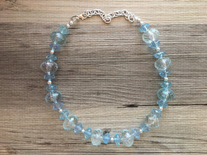 Baby Blue Single Strand Statement Necklace, Chunky Blue Oval Beaded Bib Jewelry, blue jewelry, light blue jewlery necklace silver